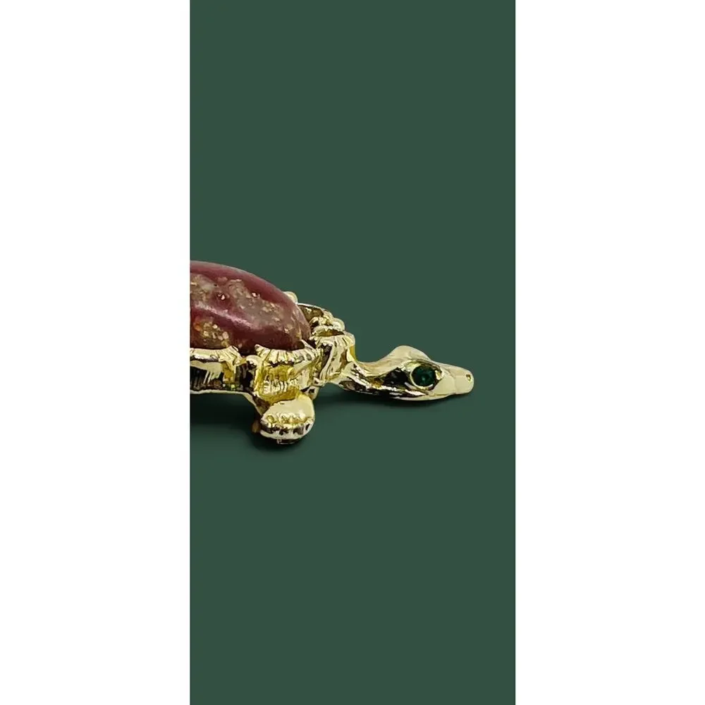 Vintage Turtle Brooch-Thermoset Faux Jasper-Gold Tone-Green Rhinestone Eyes-Pin